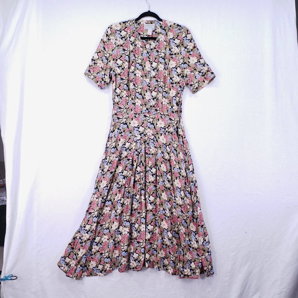 Vintage ED Michaels Melanie Drucker Floral Tea Midi A-line Cottagecore Dress